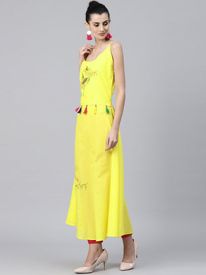 Yellow Block Printed Sleeveless Cotton Anarkali Kurta | LASVINI - Redefining Indian Fashion with Elegance