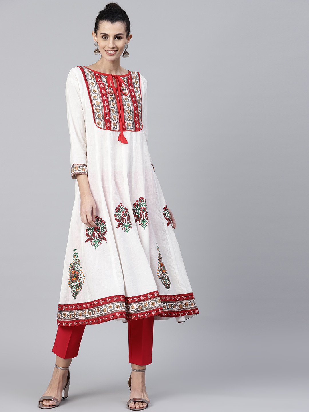 Off White Printed 3/4Th Sleeve Cotton Anarkali Kurta | LASVINI - Redefining Indian Fashion with Elegance