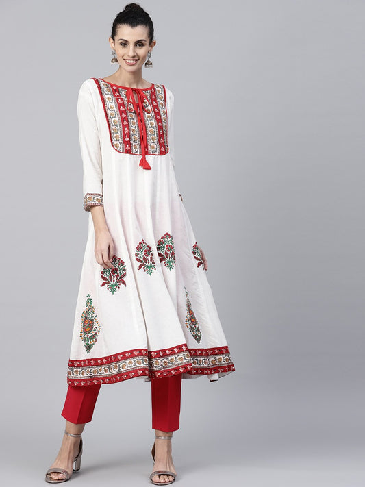 Off White Printed 3/4Th Sleeve Cotton Anarkali Kurta | LASVINI - Redefining Indian Fashion with Elegance