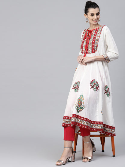 Off White Printed 3/4Th Sleeve Cotton Anarkali Kurta | LASVINI - Redefining Indian Fashion with Elegance