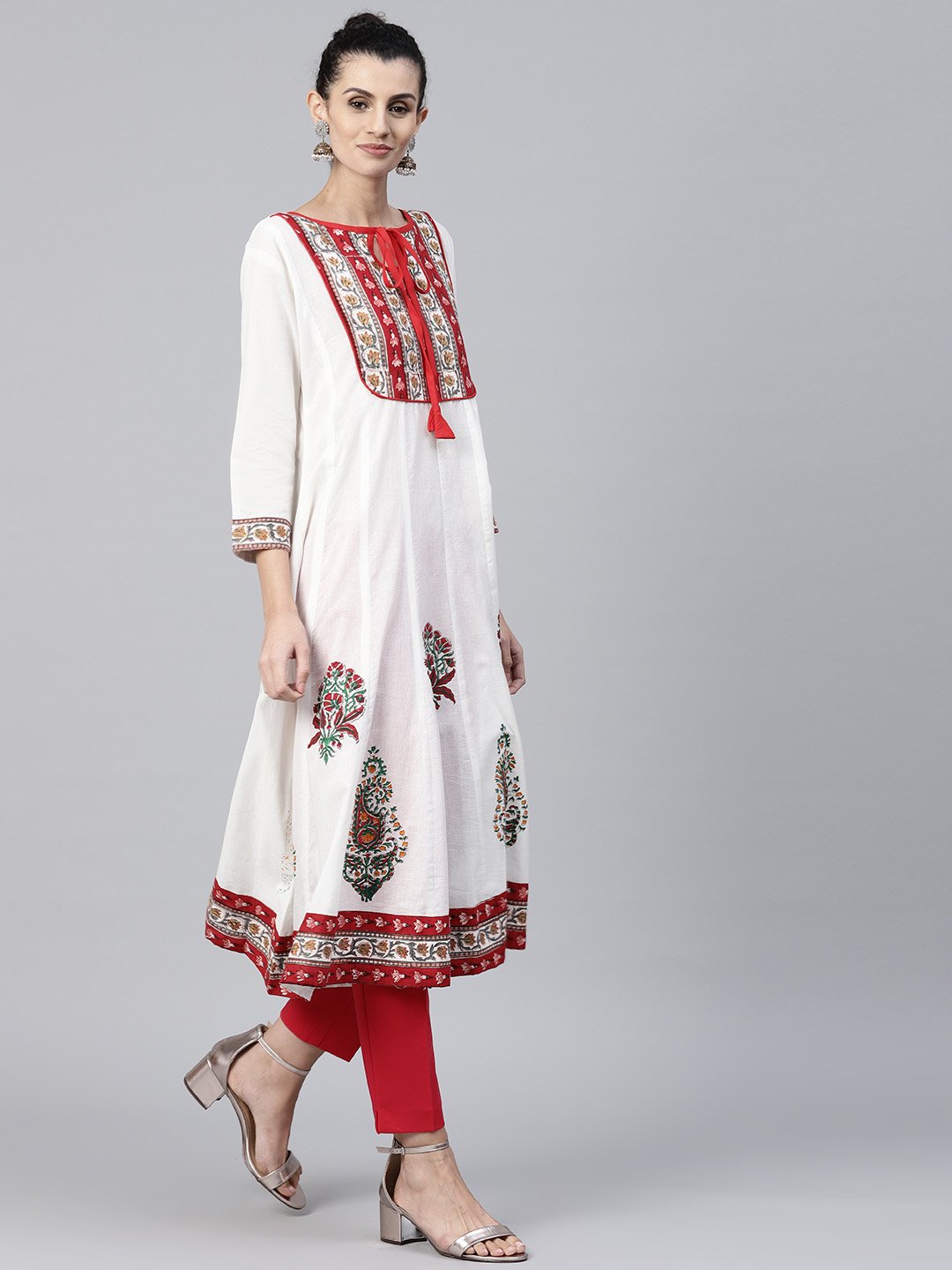 Off White Printed 3/4Th Sleeve Cotton Anarkali Kurta | LASVINI - Redefining Indian Fashion with Elegance