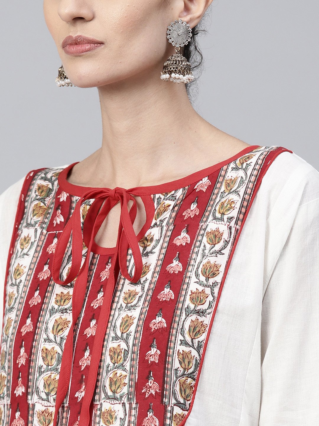 Off White Printed 3/4Th Sleeve Cotton Anarkali Kurta | LASVINI - Redefining Indian Fashion with Elegance