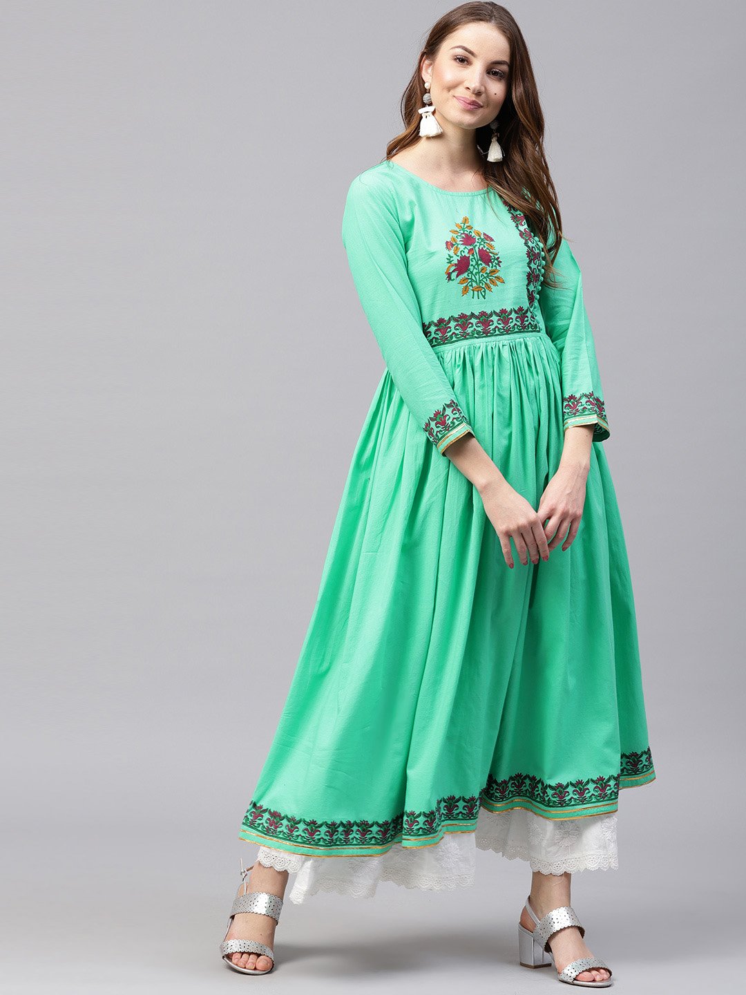 Green 3/4Th Sleeve Block Printed Cotton Anarkali Kurta | LASVINI - Redefining Indian Fashion with Elegance