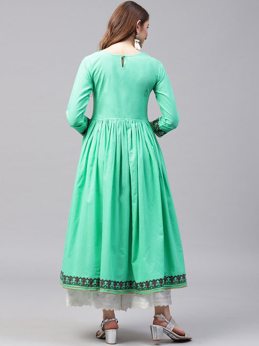 Green 3/4Th Sleeve Block Printed Cotton Anarkali Kurta | LASVINI - Redefining Indian Fashion with Elegance