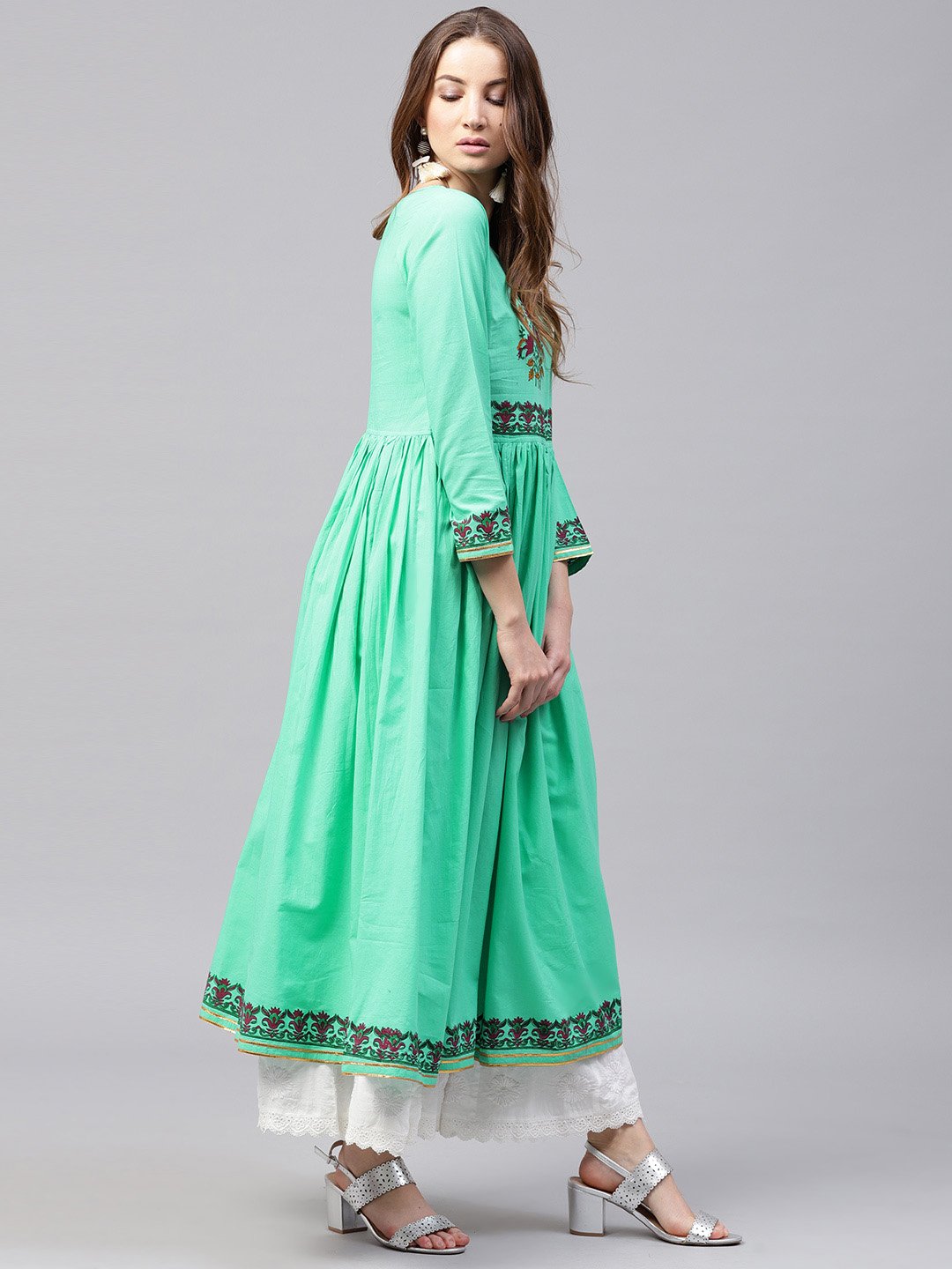 Green 3/4Th Sleeve Block Printed Cotton Anarkali Kurta | LASVINI - Redefining Indian Fashion with Elegance
