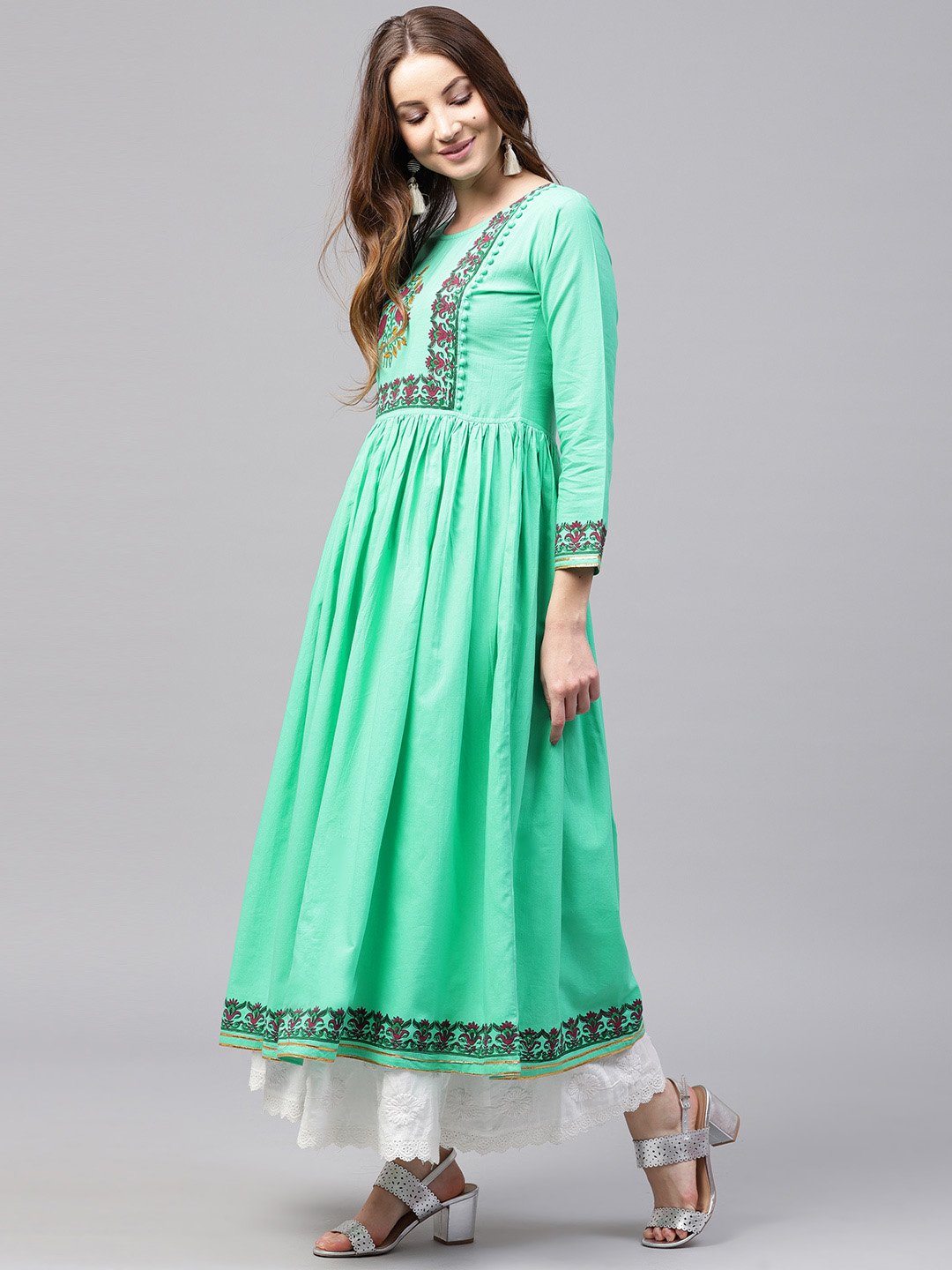 Green 3/4Th Sleeve Block Printed Cotton Anarkali Kurta | LASVINI - Redefining Indian Fashion with Elegance