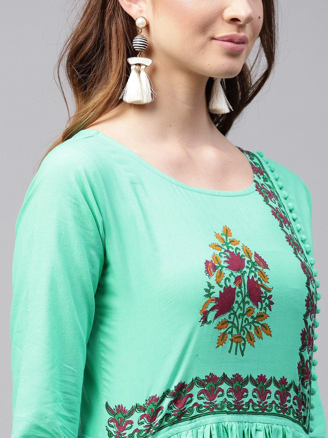 Green 3/4Th Sleeve Block Printed Cotton Anarkali Kurta | LASVINI - Redefining Indian Fashion with Elegance