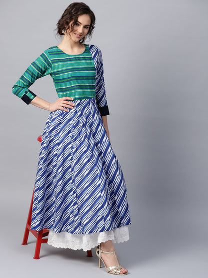 Blue & Green Striped 3/4Th Sleeve Cotton Anarkali Kurta | LASVINI - Redefining Indian Fashion with Elegance