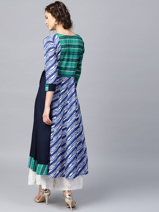 Blue & Green Striped 3/4Th Sleeve Cotton Anarkali Kurta | LASVINI - Redefining Indian Fashion with Elegance