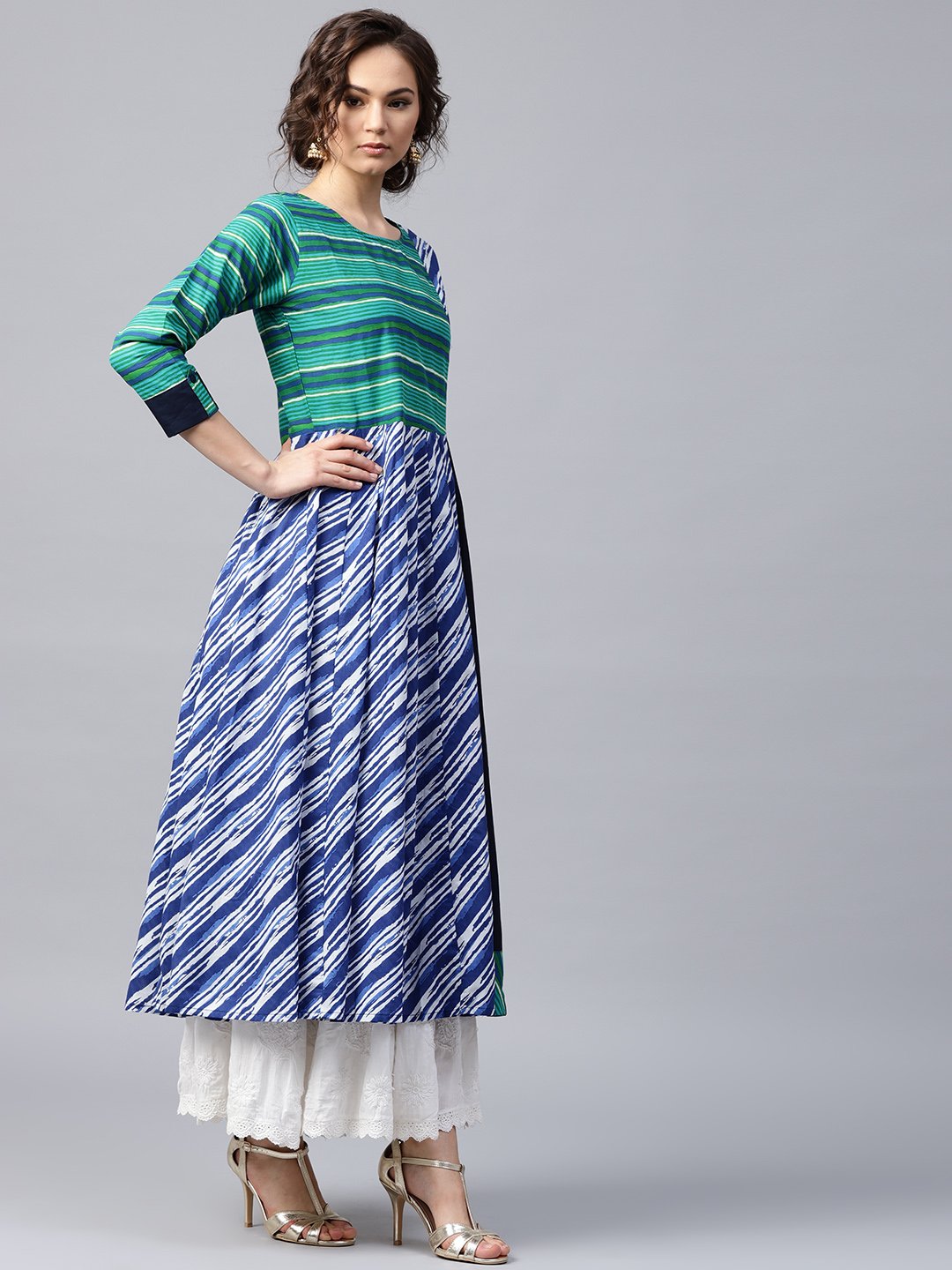 Blue & Green Striped 3/4Th Sleeve Cotton Anarkali Kurta | LASVINI - Redefining Indian Fashion with Elegance