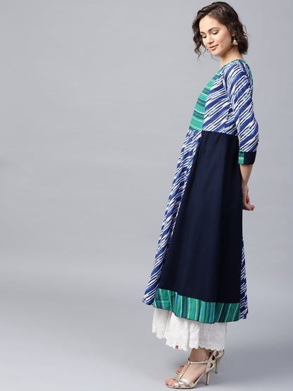 Blue & Green Striped 3/4Th Sleeve Cotton Anarkali Kurta | LASVINI - Redefining Indian Fashion with Elegance