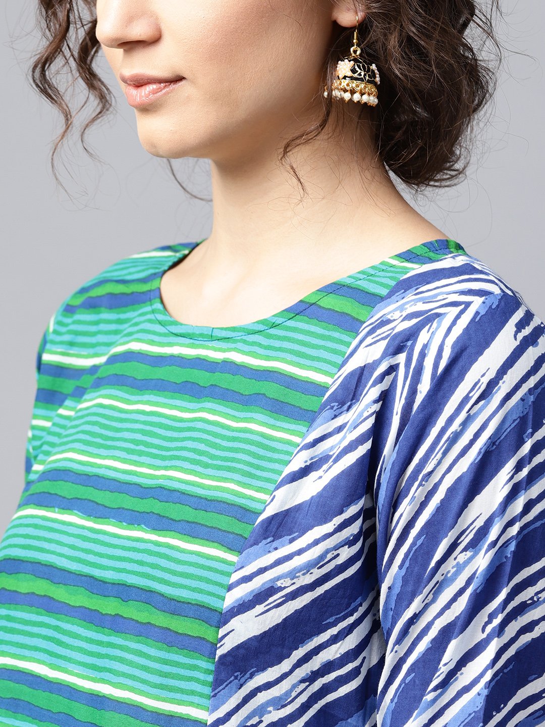 Blue & Green Striped 3/4Th Sleeve Cotton Anarkali Kurta | LASVINI - Redefining Indian Fashion with Elegance