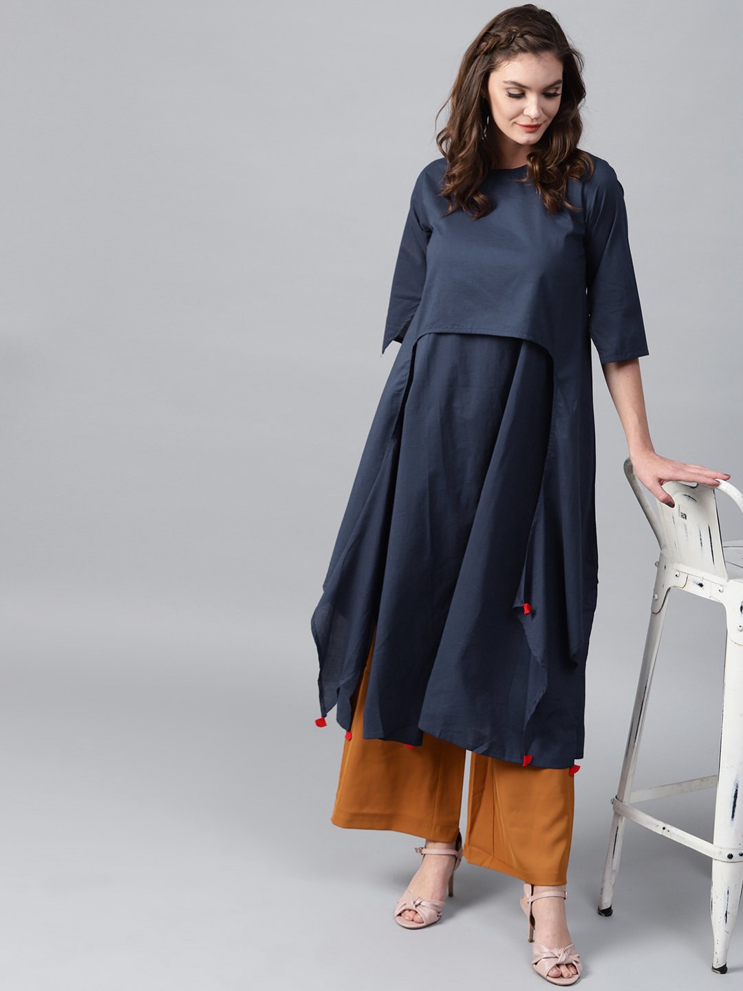 Navy Blue 3/4Th Sleeve Cotton Layered Kurta | LASVINI - Redefining Indian Fashion with Elegance