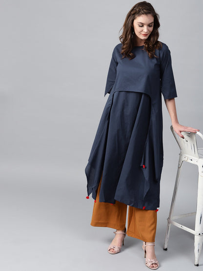 Navy Blue 3/4Th Sleeve Cotton Layered Kurta | LASVINI - Redefining Indian Fashion with Elegance