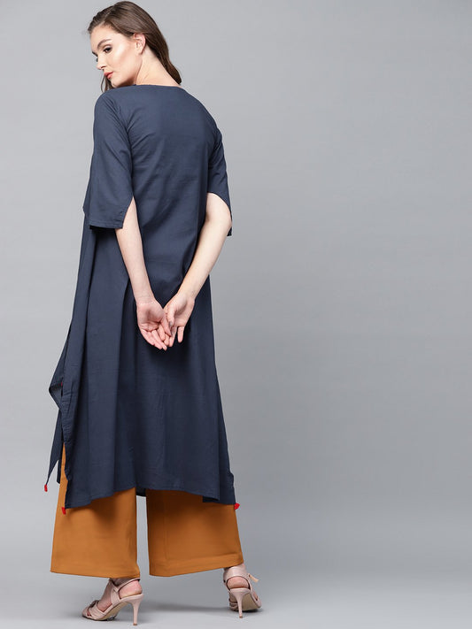 Navy Blue 3/4Th Sleeve Cotton Layered Kurta | LASVINI - Redefining Indian Fashion with Elegance