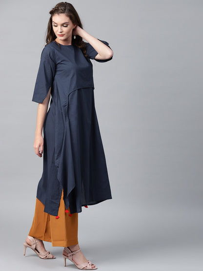 Navy Blue 3/4Th Sleeve Cotton Layered Kurta | LASVINI - Redefining Indian Fashion with Elegance