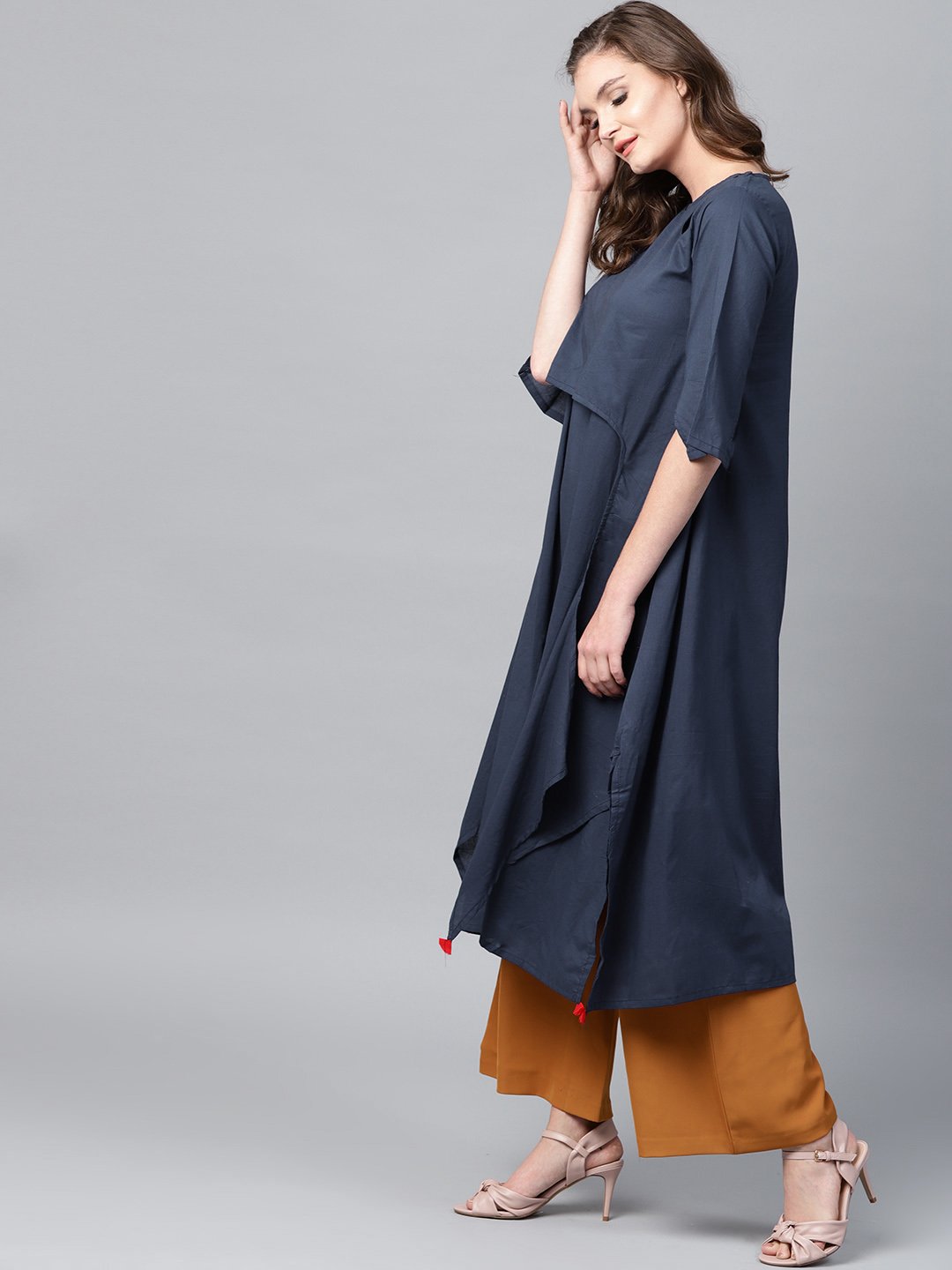 Navy Blue 3/4Th Sleeve Cotton Layered Kurta | LASVINI - Redefining Indian Fashion with Elegance