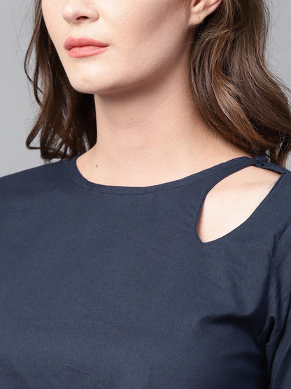 Navy Blue 3/4Th Sleeve Cotton Layered Kurta | LASVINI - Redefining Indian Fashion with Elegance