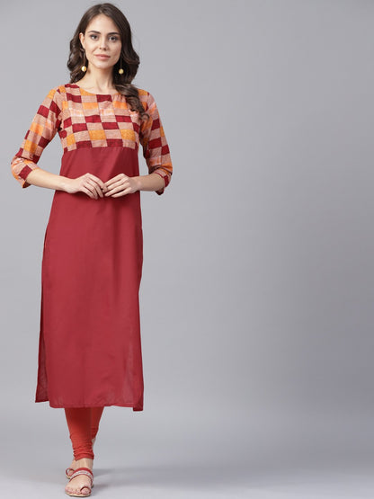 Red Printed 3/4Th Sleeve Yoke Printed Cotton Kurta | LASVINI - Redefining Indian Fashion with Elegance