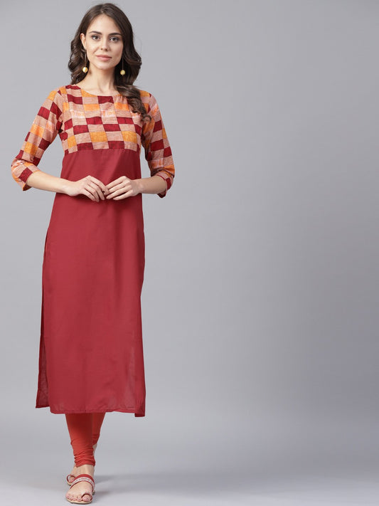 Red Printed 3/4Th Sleeve Yoke Printed Cotton Kurta | LASVINI - Redefining Indian Fashion with Elegance