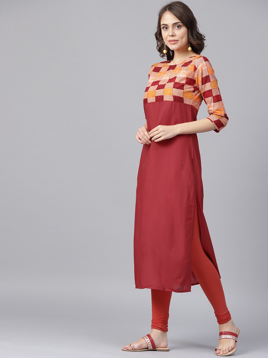 Red Printed 3/4Th Sleeve Yoke Printed Cotton Kurta | LASVINI - Redefining Indian Fashion with Elegance