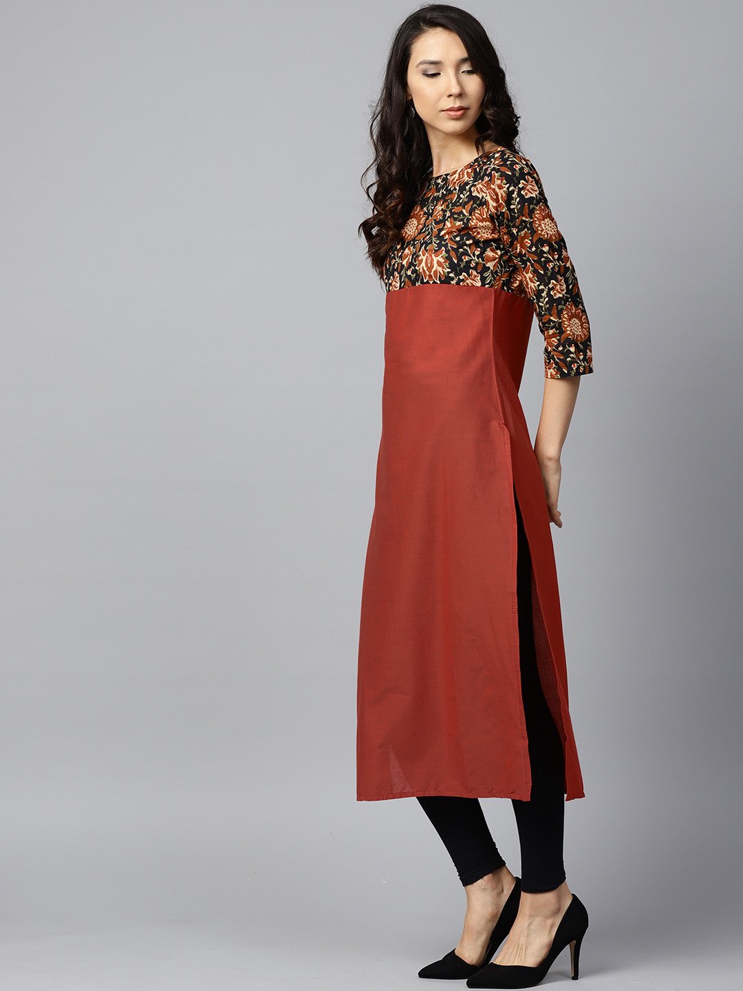 Peach Printed 3/4Th Sleeve Yoke Printed Cotton Kurta | LASVINI - Redefining Indian Fashion with Elegance