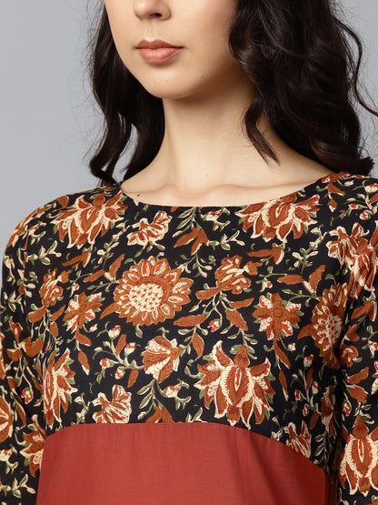 Peach Printed 3/4Th Sleeve Yoke Printed Cotton Kurta | LASVINI - Redefining Indian Fashion with Elegance