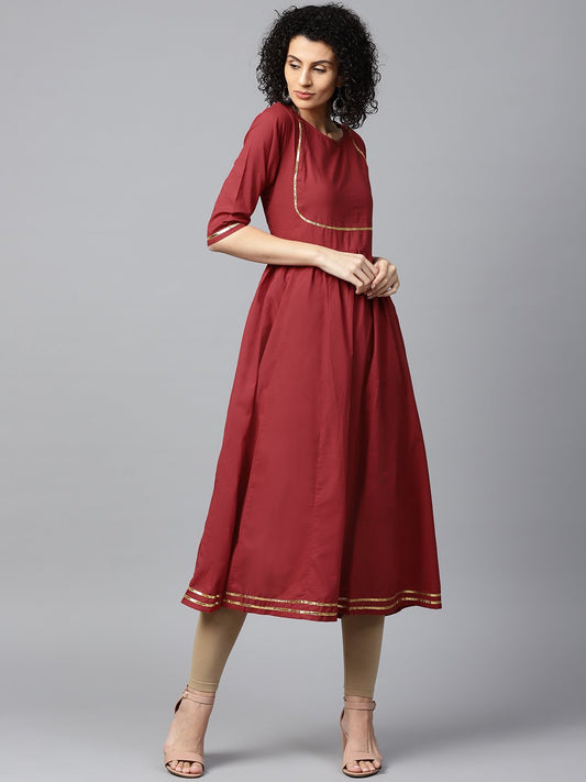 Red Printed 3/4Th Sleeve Cotton Anarkali Kurta | LASVINI - Redefining Indian Fashion with Elegance