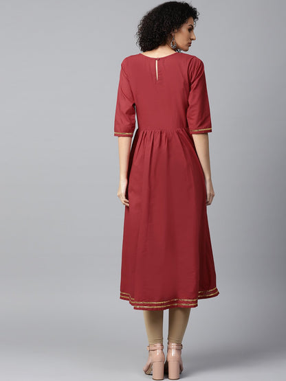 Red Printed 3/4Th Sleeve Cotton Anarkali Kurta | LASVINI - Redefining Indian Fashion with Elegance