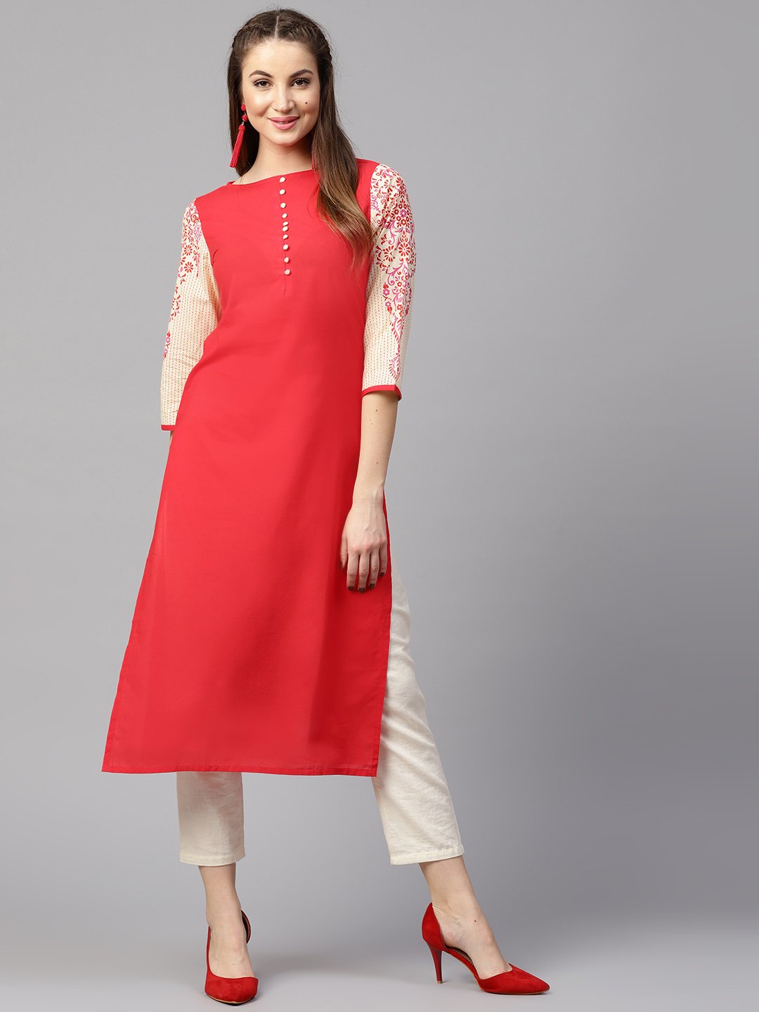 Pink 3/4Th Sleeve Printed Cotton Straight Kurta | LASVINI - Redefining Indian Fashion with Elegance