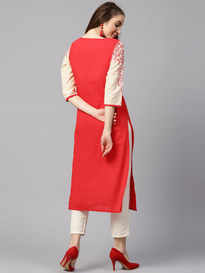 Pink 3/4Th Sleeve Printed Cotton Straight Kurta | LASVINI - Redefining Indian Fashion with Elegance