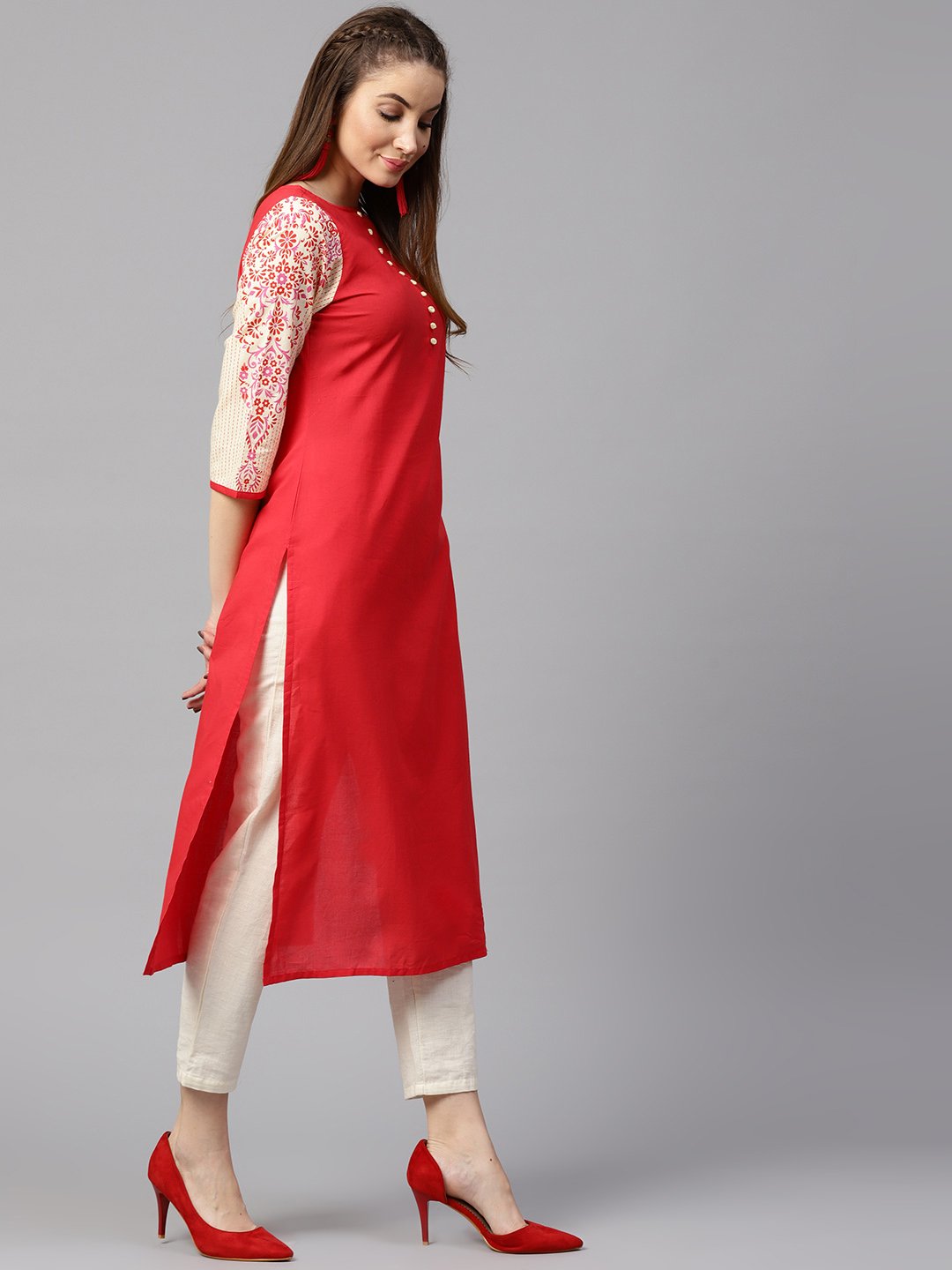 Pink 3/4Th Sleeve Printed Cotton Straight Kurta | LASVINI - Redefining Indian Fashion with Elegance