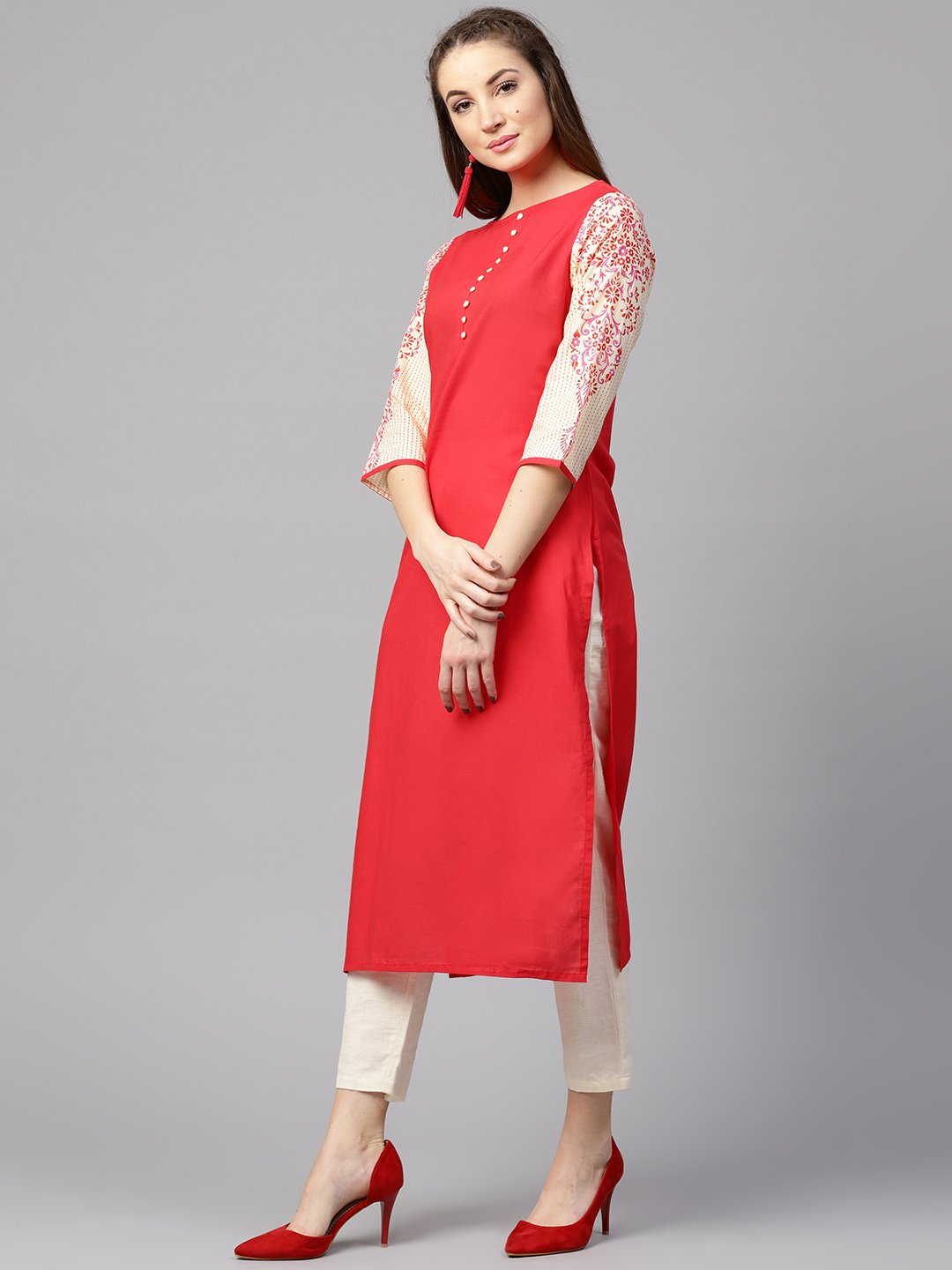 Pink 3/4Th Sleeve Printed Cotton Straight Kurta | LASVINI - Redefining Indian Fashion with Elegance