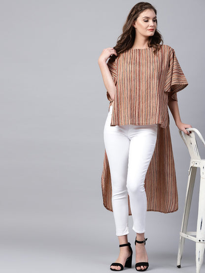 Beige Striped Half Sleeve Low High Cotton Tunics | LASVINI - Redefining Indian Fashion with Elegance