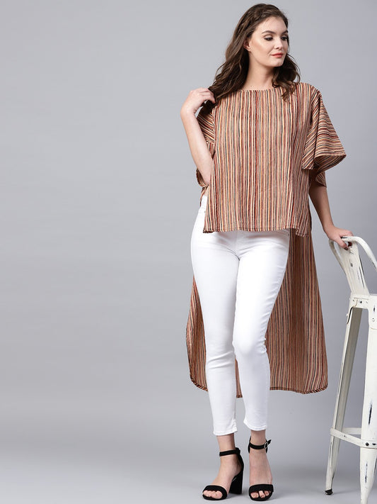 Beige Striped Half Sleeve Low High Cotton Tunics | LASVINI - Redefining Indian Fashion with Elegance