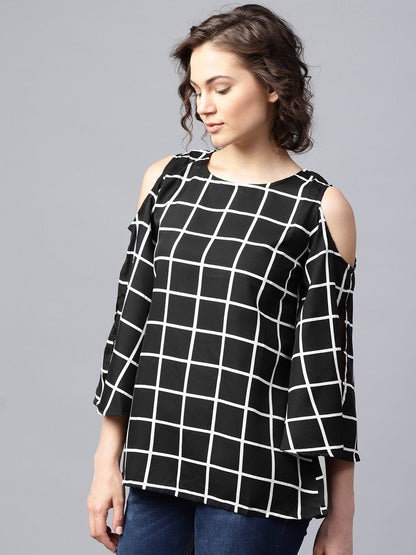 Black Checked 3/4Th Sleeve Cold Shoulder Crepe Tunic | LASVINI - Redefining Indian Fashion with Elegance