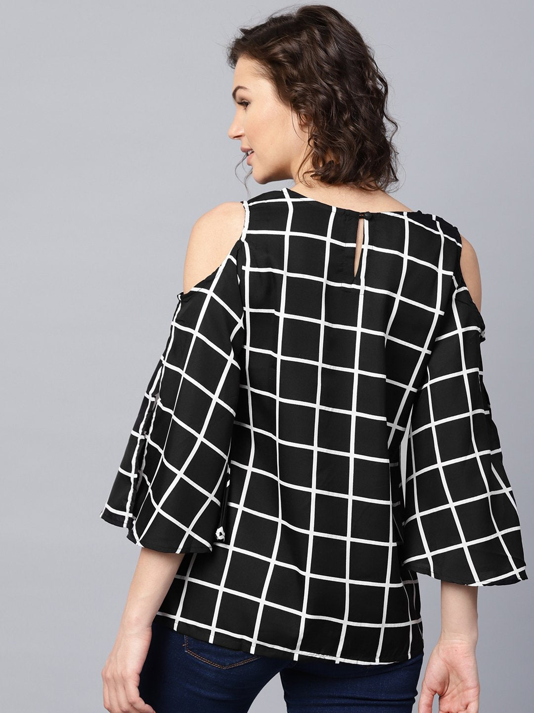 Black Checked 3/4Th Sleeve Cold Shoulder Crepe Tunic | LASVINI - Redefining Indian Fashion with Elegance