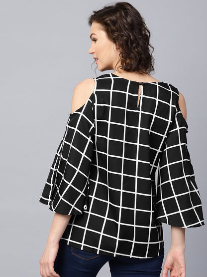 Black Checked 3/4Th Sleeve Cold Shoulder Crepe Tunic | LASVINI - Redefining Indian Fashion with Elegance