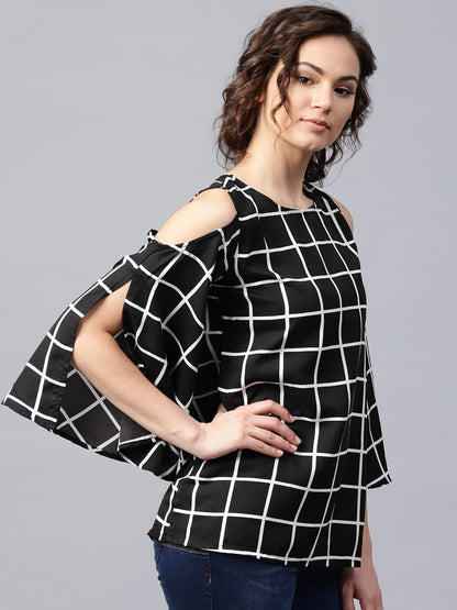 Black Checked 3/4Th Sleeve Cold Shoulder Crepe Tunic | LASVINI - Redefining Indian Fashion with Elegance