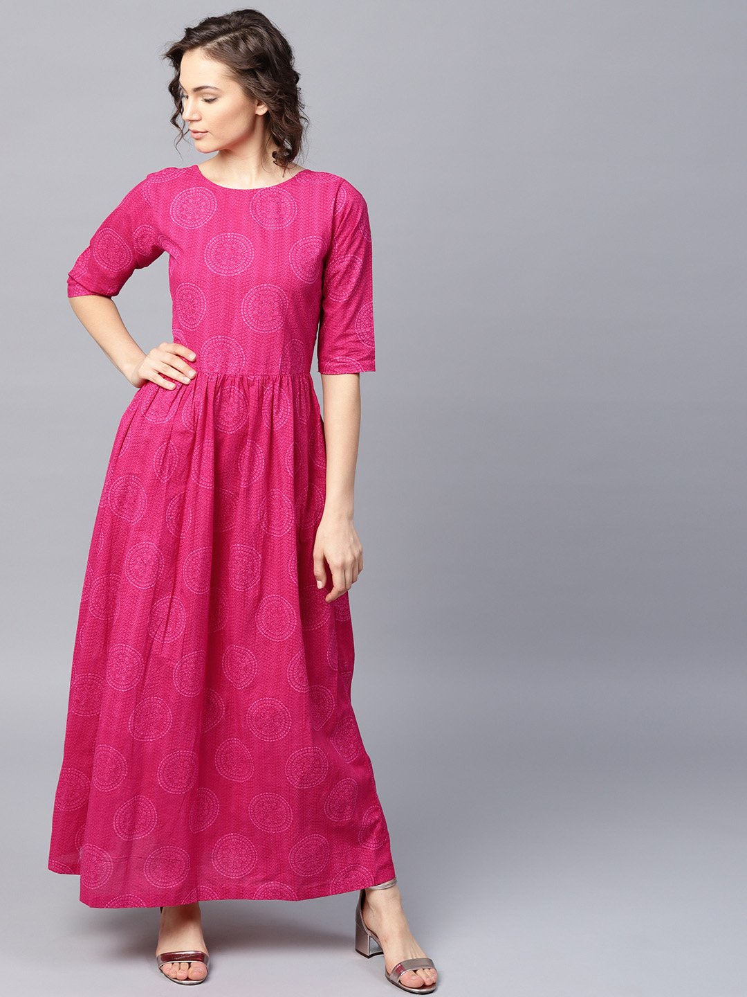 Pink Printed Half Sleeve Cotton Flared Maxi Dress | LASVINI - Redefining Indian Fashion with Elegance