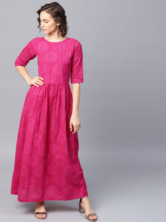 Pink Printed Half Sleeve Cotton Flared Maxi Dress | LASVINI - Redefining Indian Fashion with Elegance