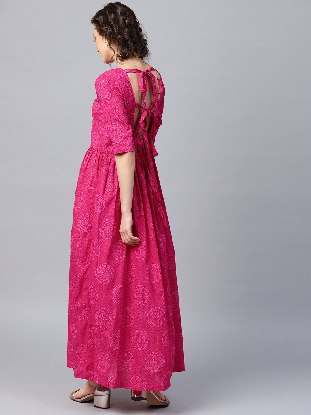 Pink Printed Half Sleeve Cotton Flared Maxi Dress | LASVINI - Redefining Indian Fashion with Elegance