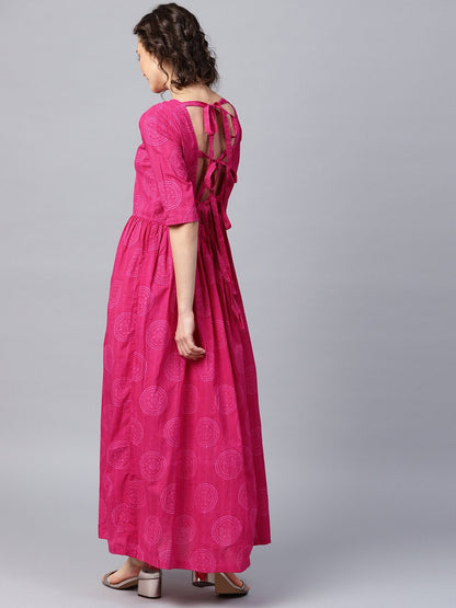 Pink Printed Half Sleeve Cotton Flared Maxi Dress | LASVINI - Redefining Indian Fashion with Elegance