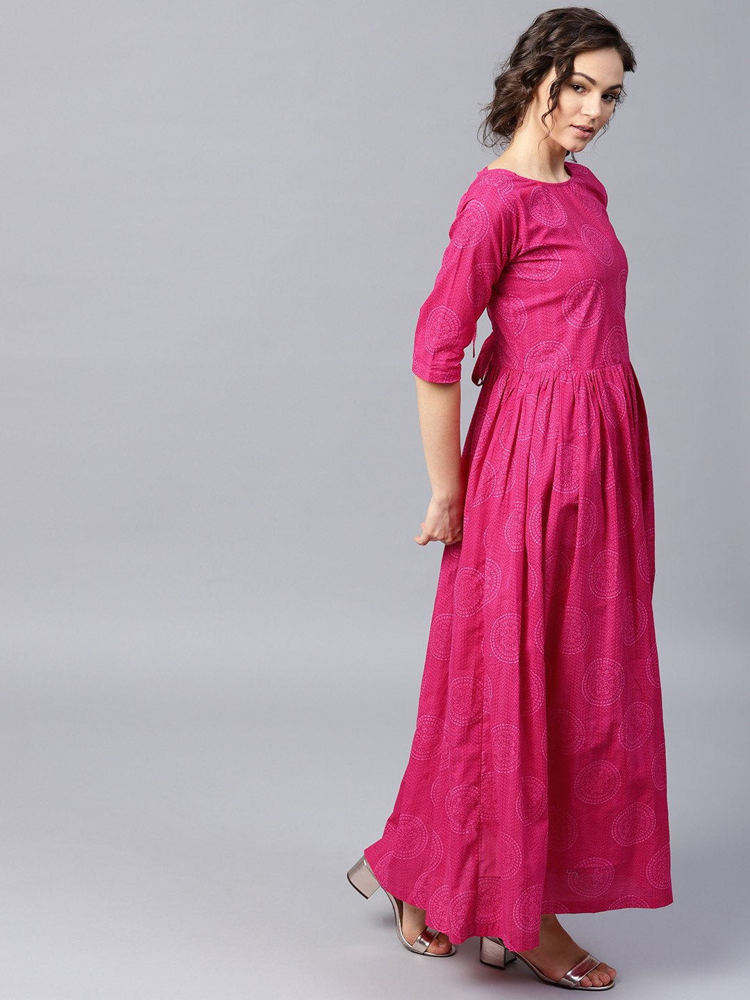 Pink Printed Half Sleeve Cotton Flared Maxi Dress | LASVINI - Redefining Indian Fashion with Elegance