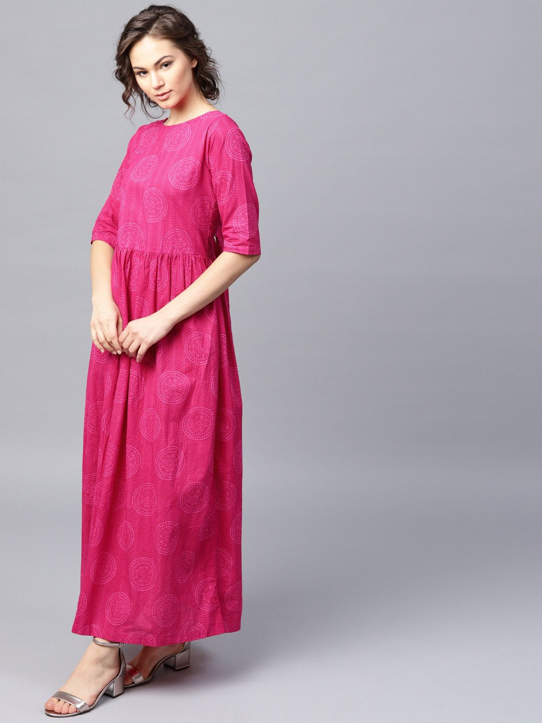 Pink Printed Half Sleeve Cotton Flared Maxi Dress | LASVINI - Redefining Indian Fashion with Elegance