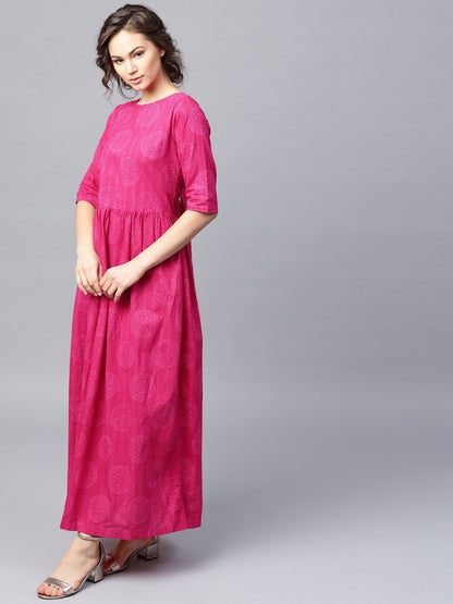 Pink Printed Half Sleeve Cotton Flared Maxi Dress | LASVINI - Redefining Indian Fashion with Elegance