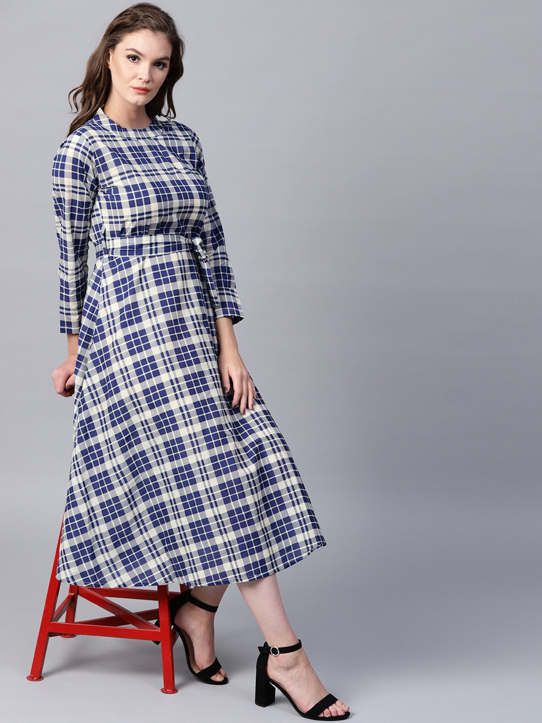 Blue Printed 3/4Th Sleeve Cotton A-Line Maxi Dress | LASVINI - Redefining Indian Fashion with Elegance