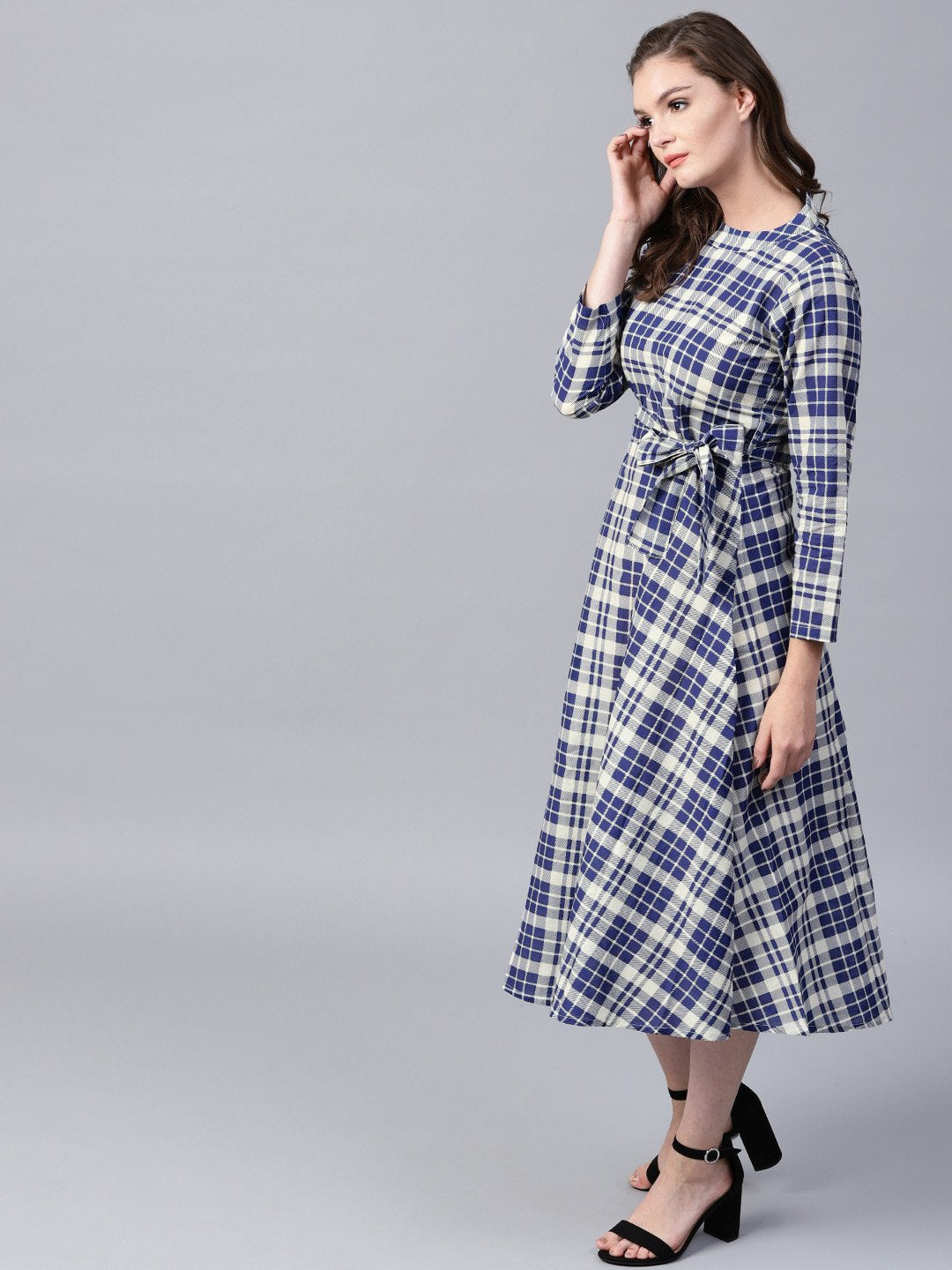 Blue Printed 3/4Th Sleeve Cotton A-Line Maxi Dress | LASVINI - Redefining Indian Fashion with Elegance