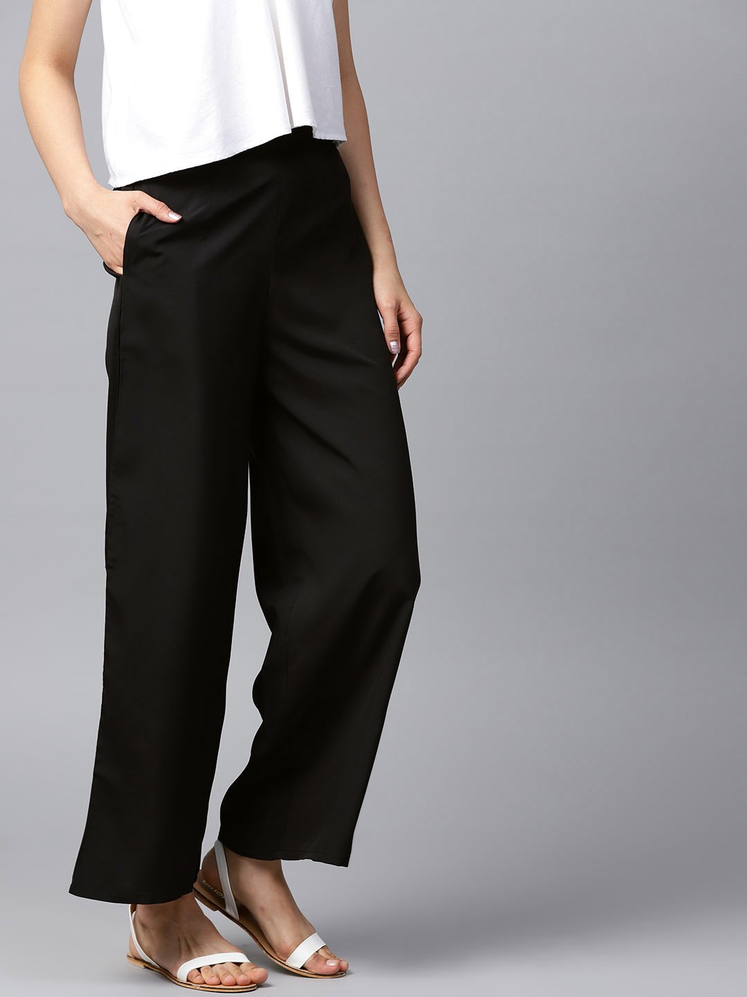 Black Solid Ankle Length Crepe Palazzo With Side Pocket | LASVINI - Redefining Indian Fashion with Elegance