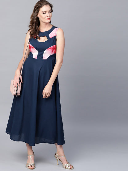 Blue Sleeveless Cotton A-Line Maxi Dress With Yoke Printed | LASVINI - Redefining Indian Fashion with Elegance